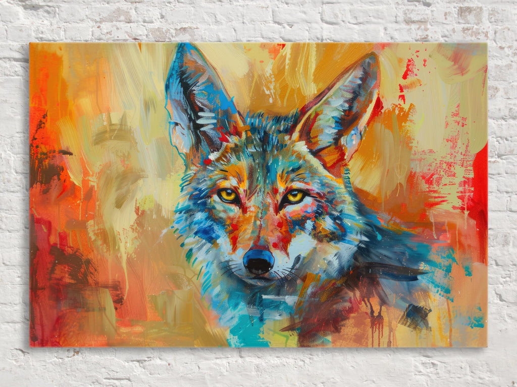 Colorful Coyote Wall Art | Modern Desert Coyote on Gallery Wrapped Canvas, Bold Wall Decor