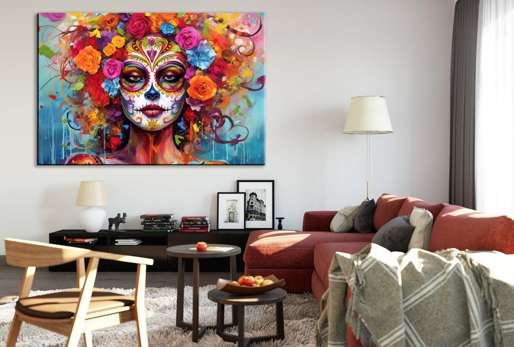 a vibrant and colorful painting of a woman's face with intricate floral and geometric patterns, hanging on a wall above a red couch in a cozy living room setting.