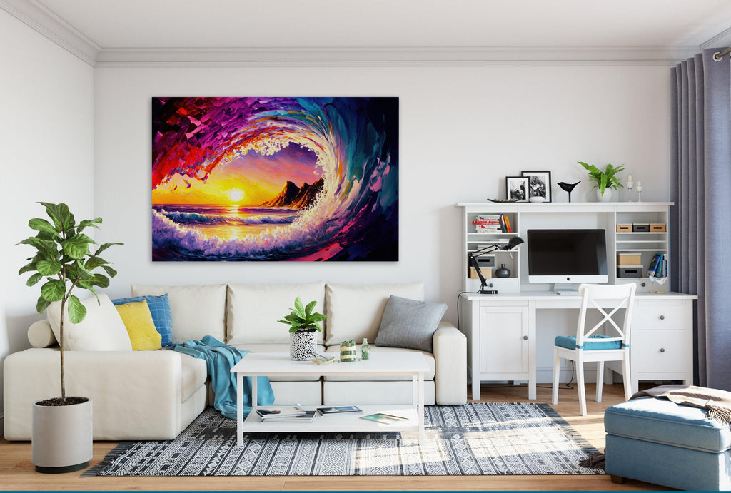 Ocean Wave Canvas Print - Hawaii Surfer Art | Big Wave Art Print, Vibrant Sunset Colors