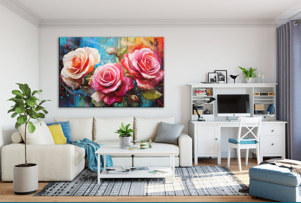 Pink and White Roses Canvas | Large Floral Wall Decor with Vibrant Alcohol Ink Style
