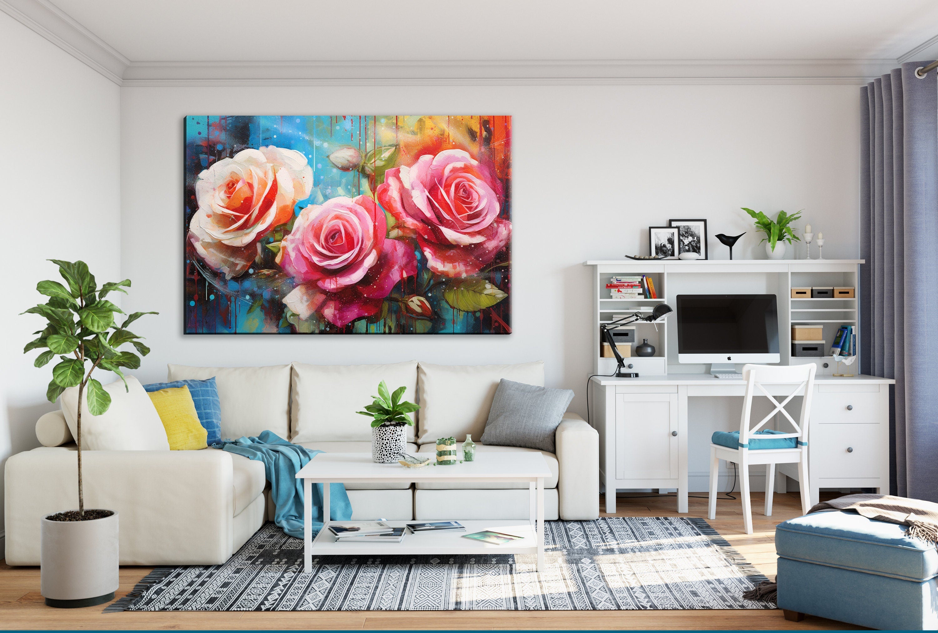 Pink and White Roses Canvas | Large Floral Wall Decor with Vibrant Alcohol Ink Style