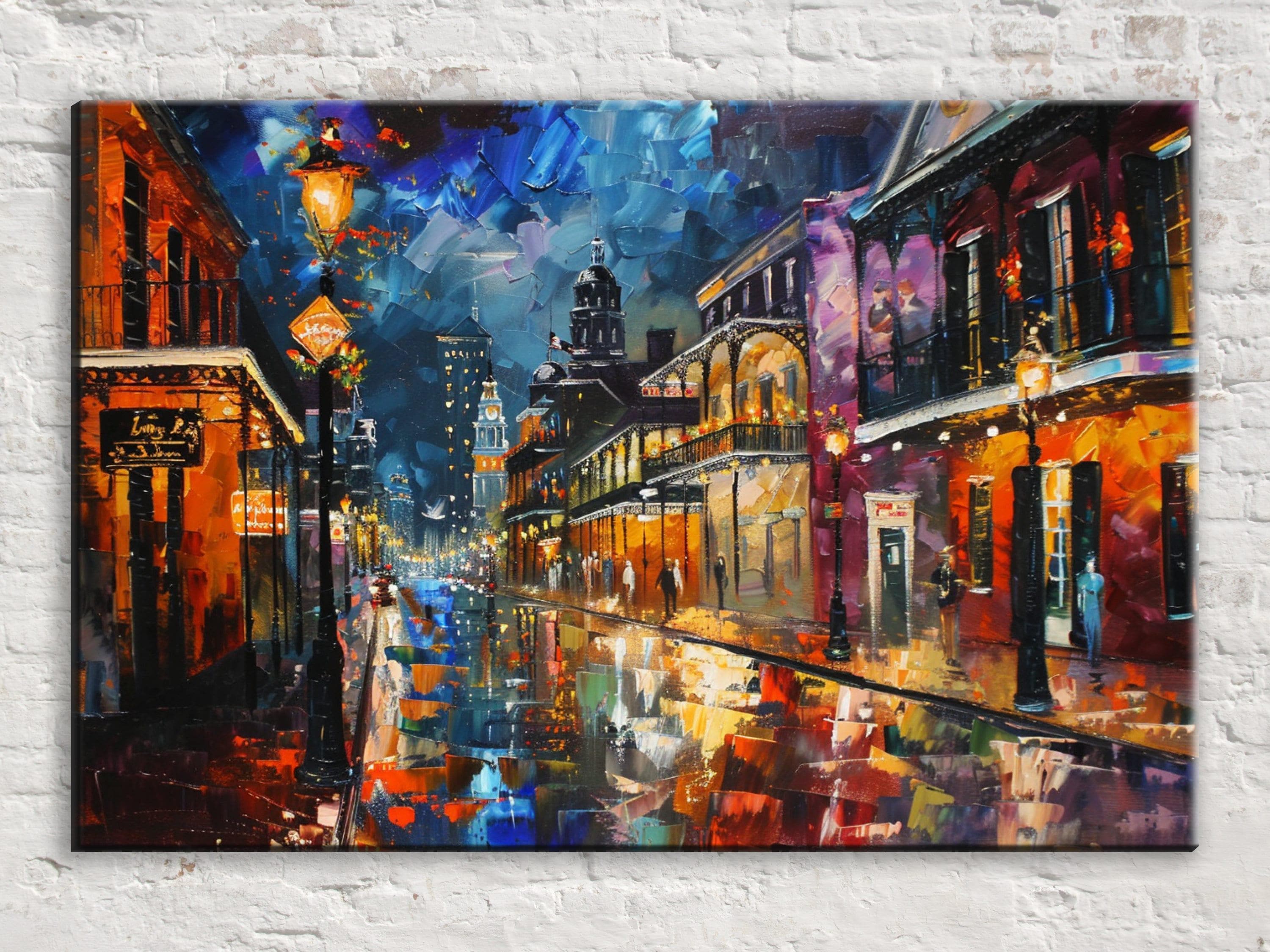 The image is a vibrant and colorful painting depicting a lively city street scene at night, with buildings, street lamps, and people visible.