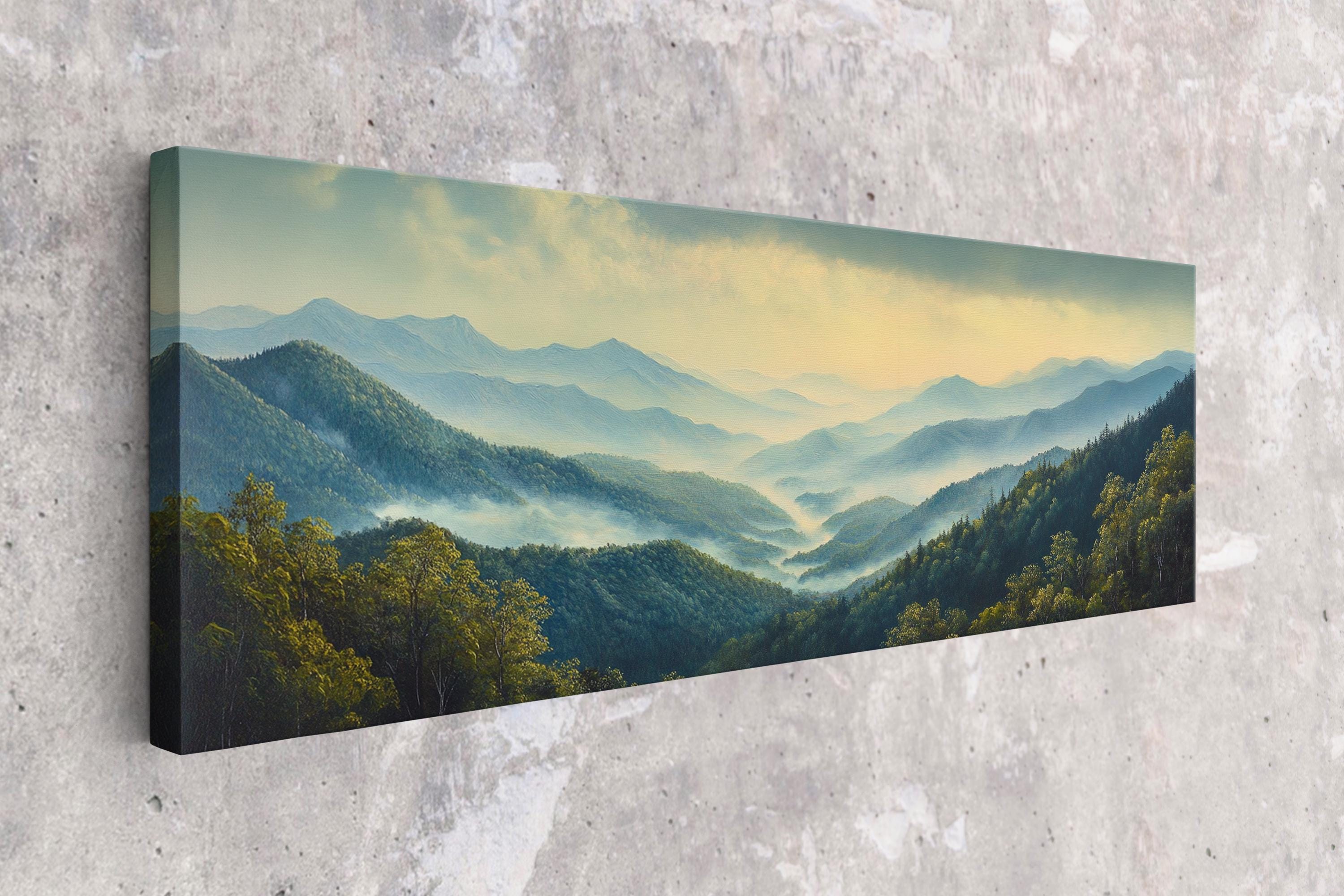 a painting on a wall of a mountain range