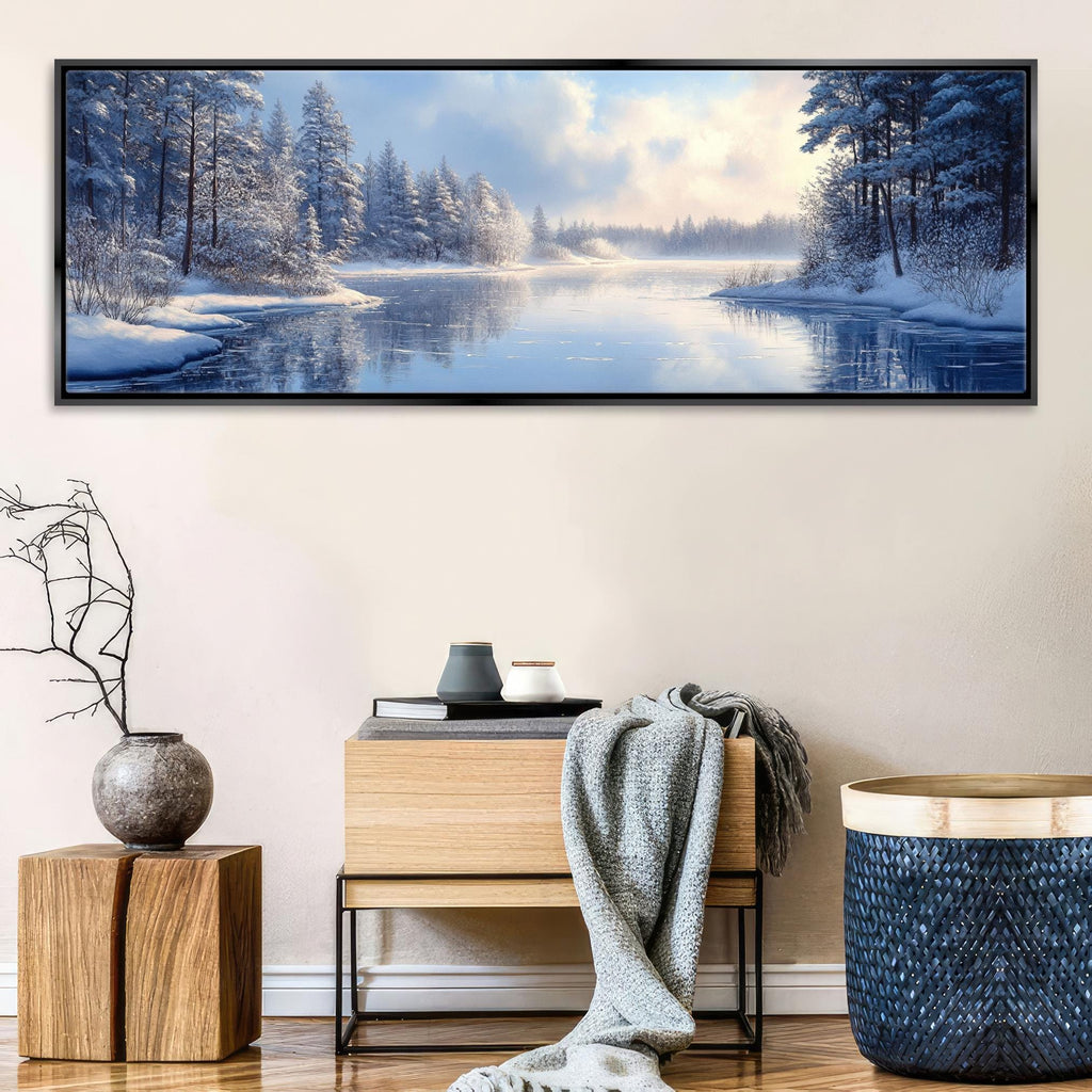 a painting of a snowy lake with trees in the background