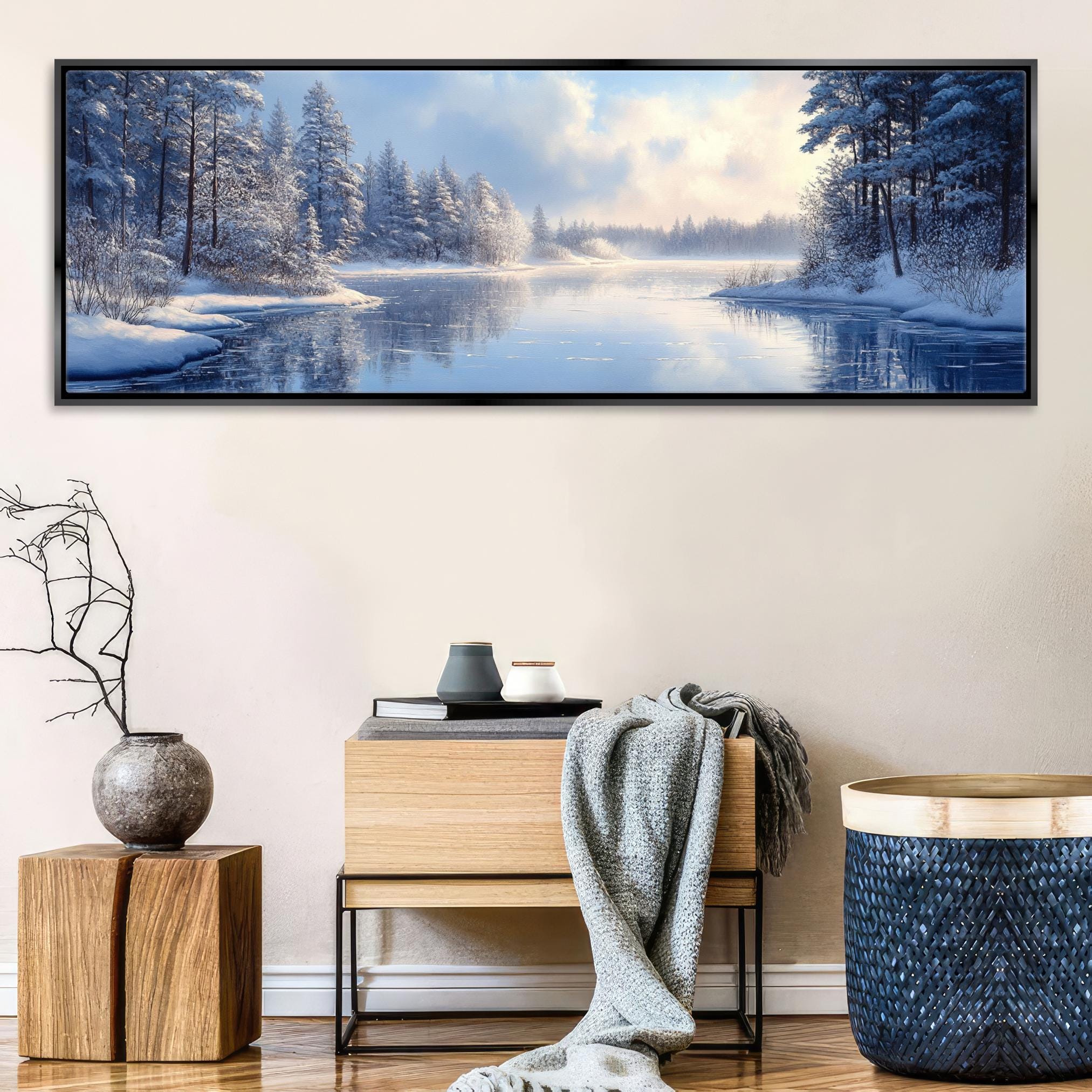 a painting of a snowy lake with trees in the background