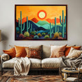 a living room with a couch and a painting on the wall