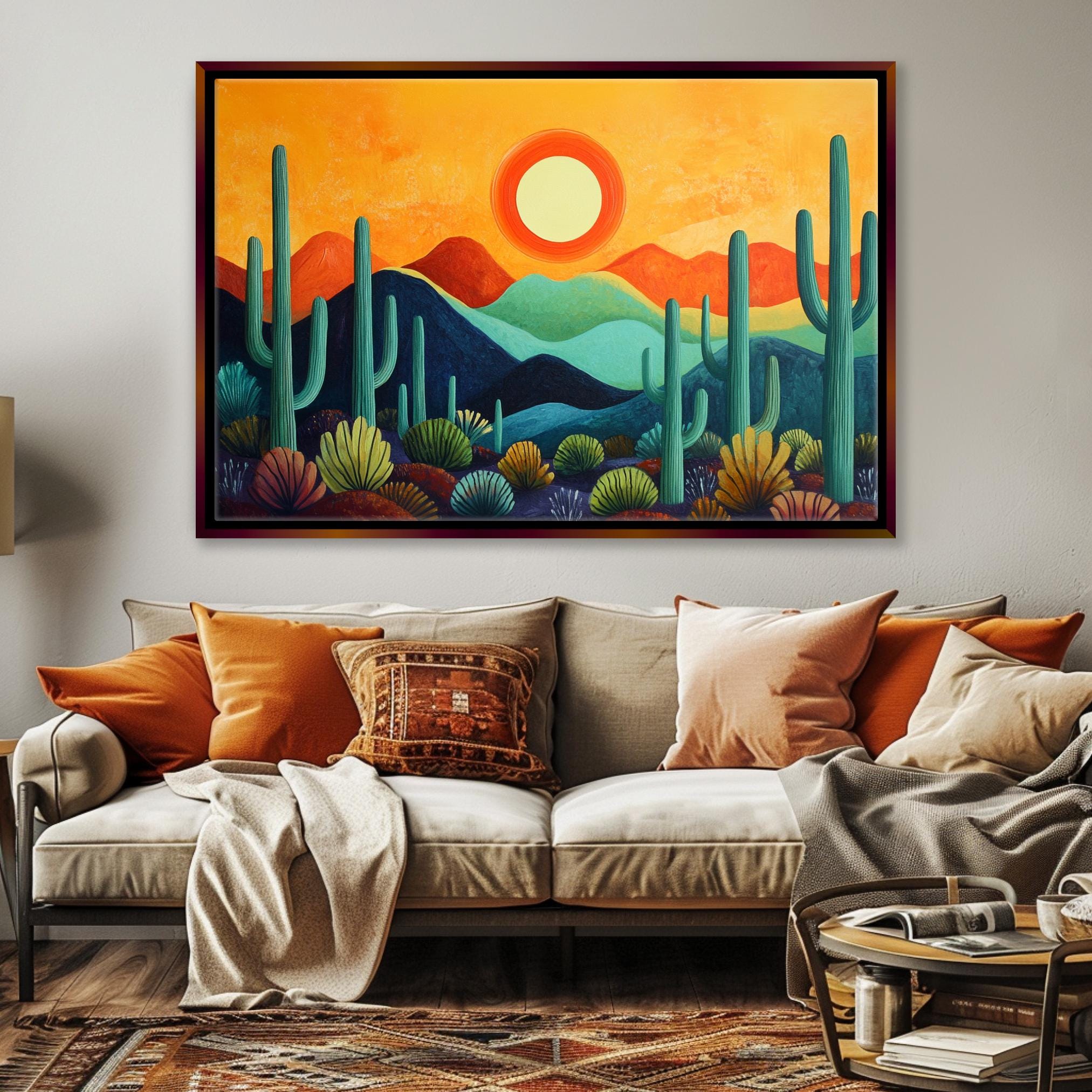 a living room with a couch and a painting on the wall