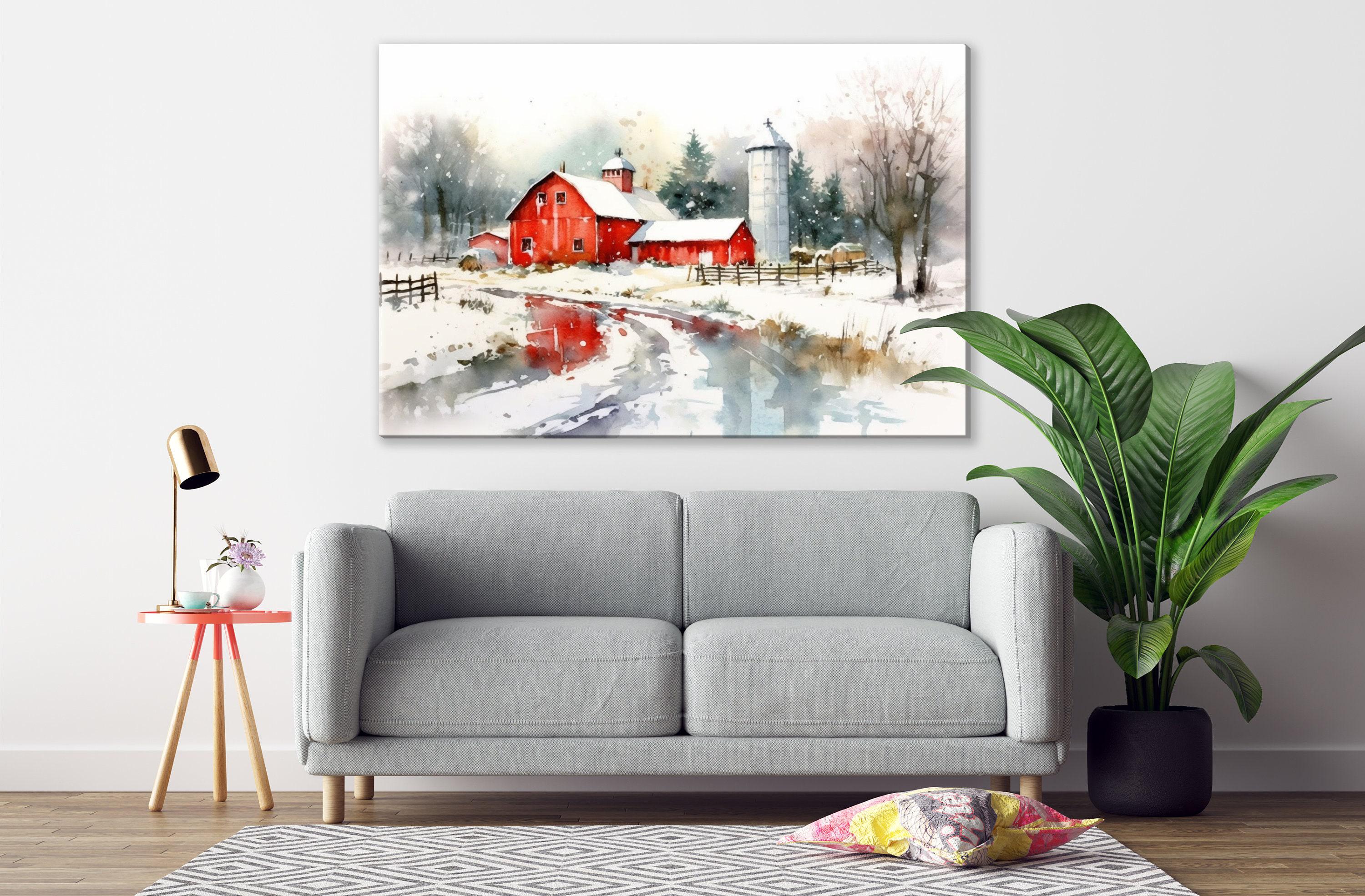 Rural Christmas Watercolor - Festive Farmhouse Art, Giclee Print on Canvas, Artist Paper, Watercolor Paper, Available in Extra Large Sizes