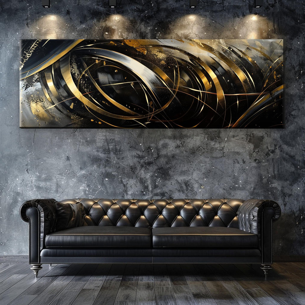 a black and gold couch in a room