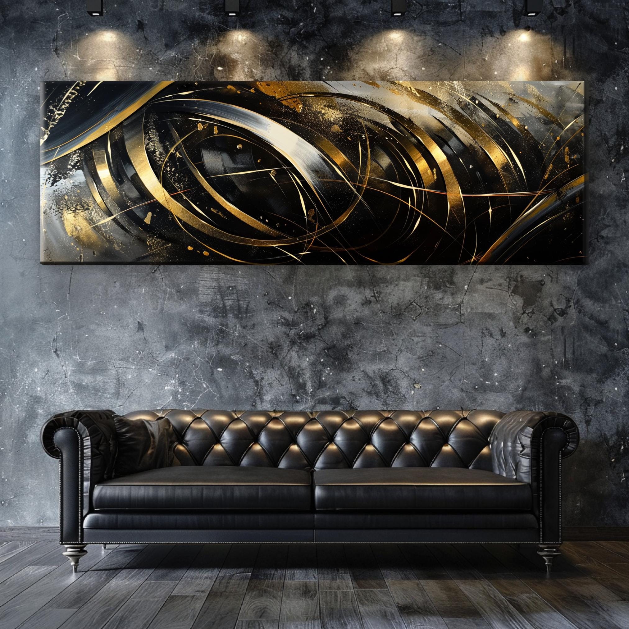 a black and gold couch in a room