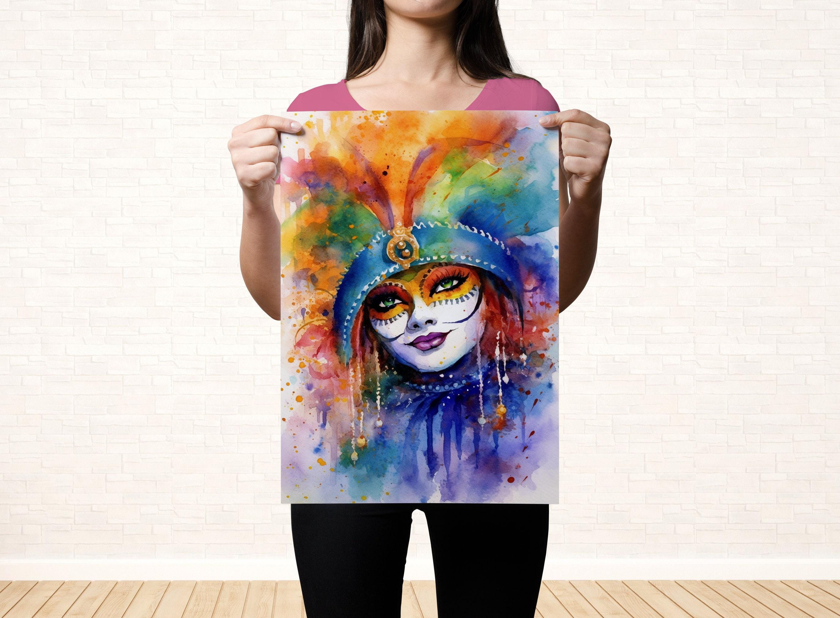 Mardi Gras Masked Woman Watercolor – NOLA Carnival Art, Print on Canvas, Artist Paper, Watercolor Paper, Available in Extra Large Sizes