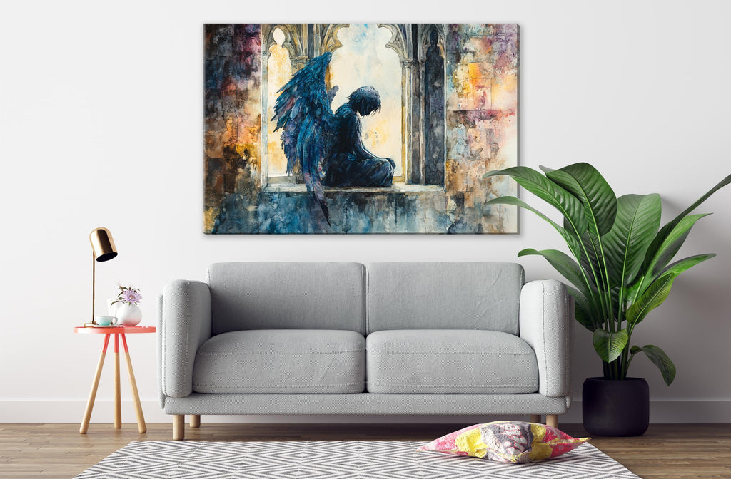 a gray sofa, a potted plant, a lamp, and a painting of a winged figure sitting in a window frame.