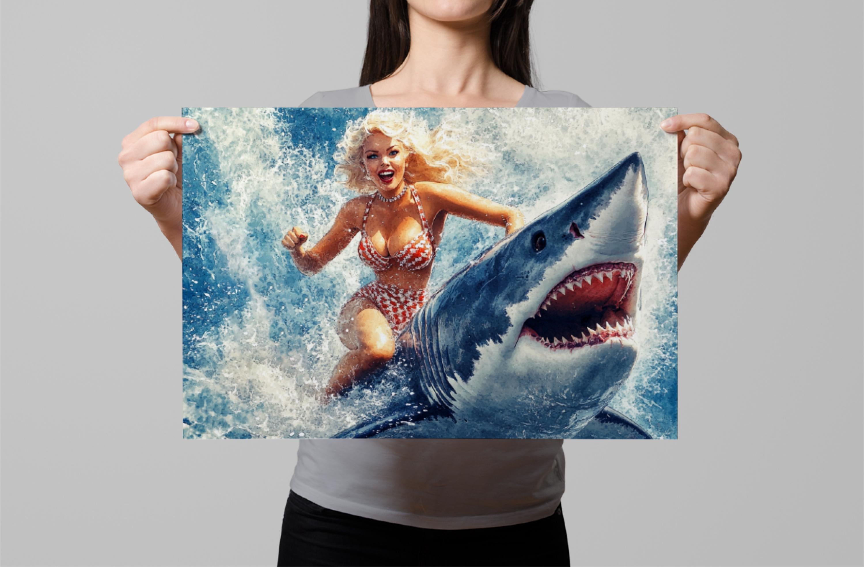 a woman in a bathing suit holding up a picture of a shark