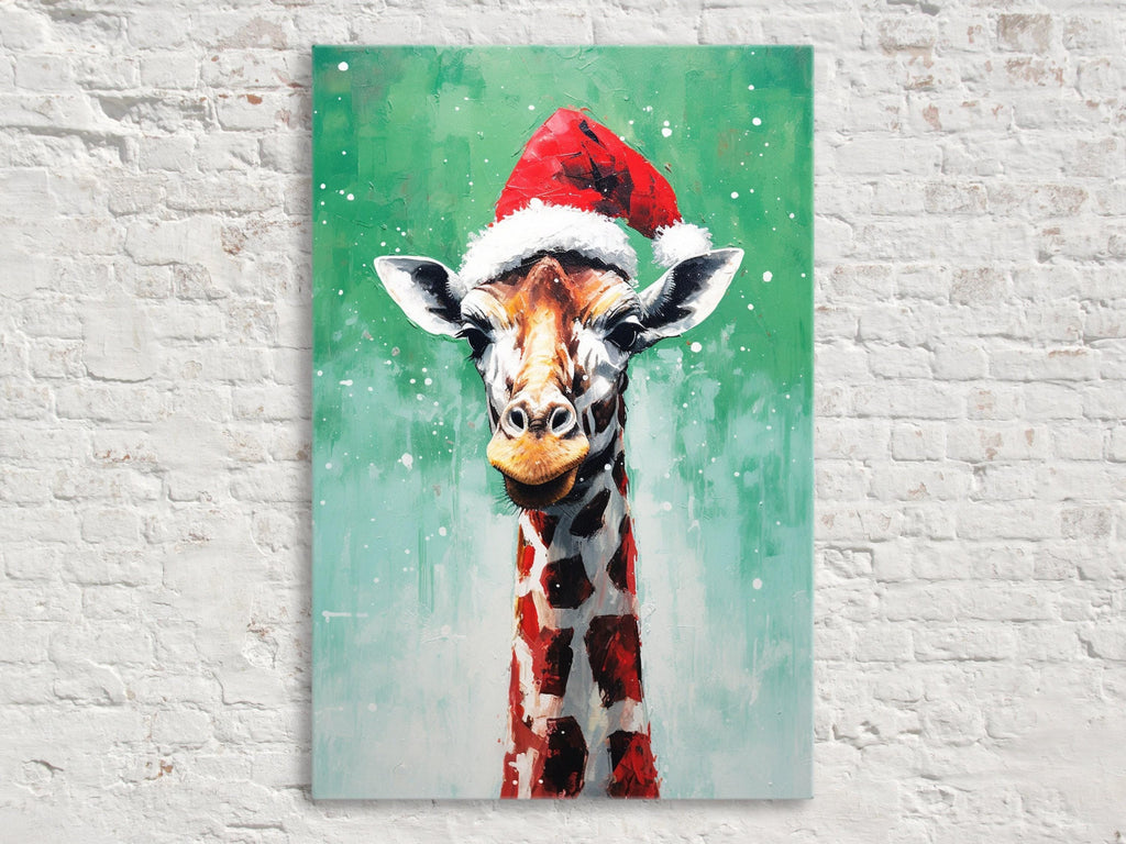 Holiday Giraffe Painting – Christmas Wall Art | Large Santa Hat Canvas Print
