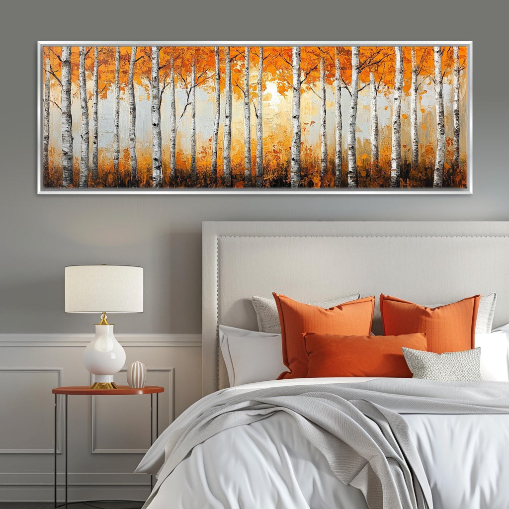 Birch Tree Wall Art – Large Framed Canvas Print with Orange Fall Leaves, Ready to Hang