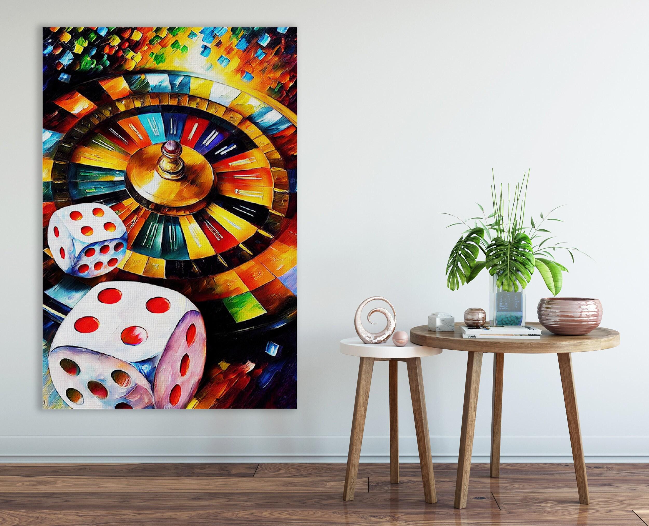 Gambling Canvas Art – Roulette Wheel Print With Dice Wall Art On Wooden Frame