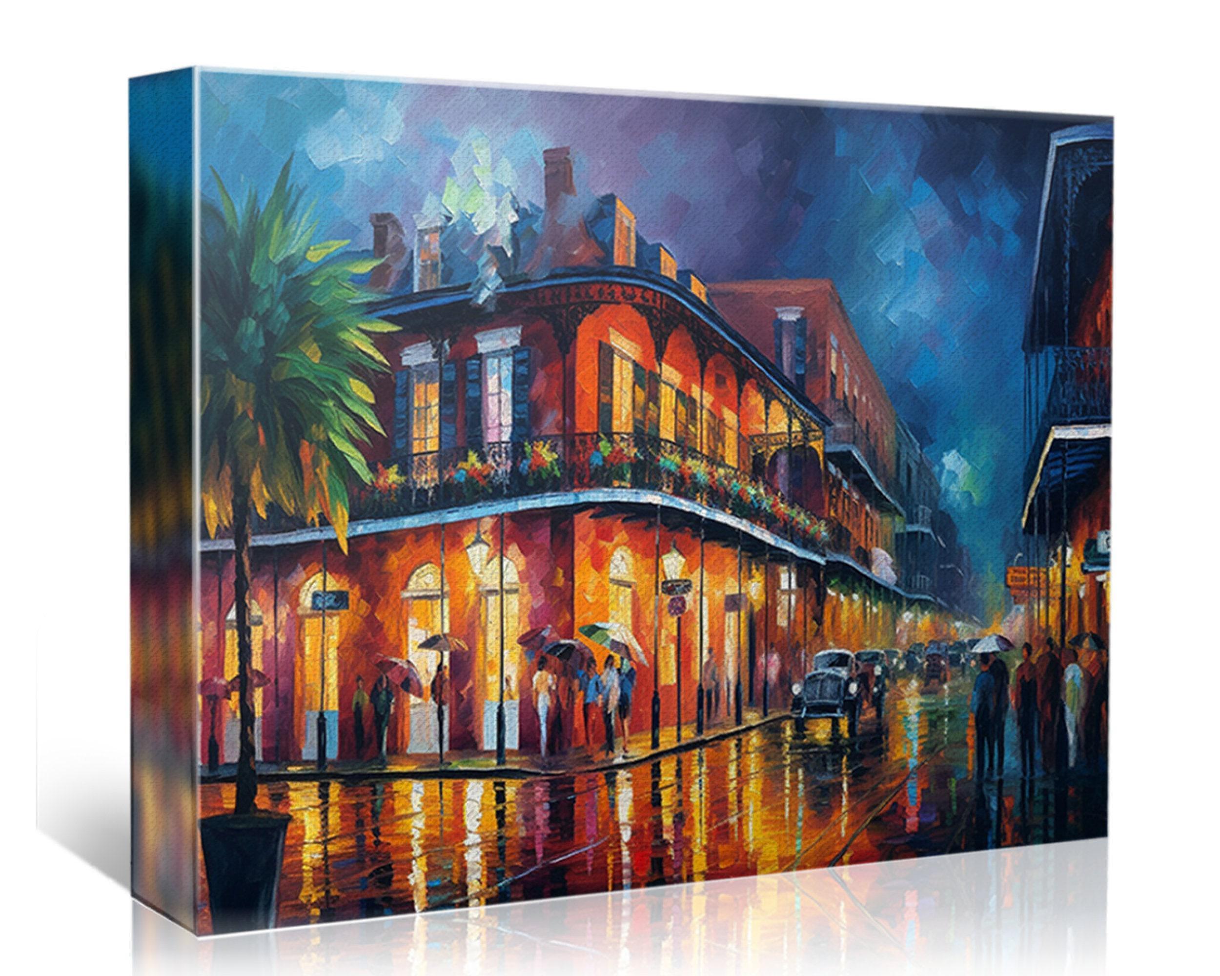 a vibrant and lively street scene in New Orleans, Louisiana, with colorful buildings, people walking on the sidewalks, and cars driving down the wet street.