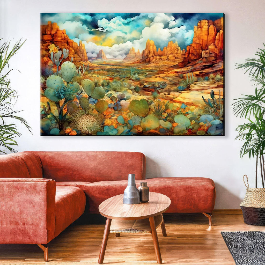 a large, colorful painting of a desert landscape hanging on a wall above a red couch in a living room setting.