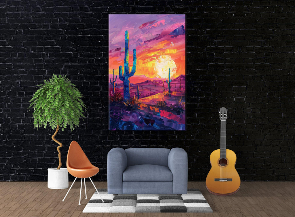 Desert Saguaro Canvas – Southwest Wall Art | Gallery Wrapped Sunset Cactus Silhouette Print
