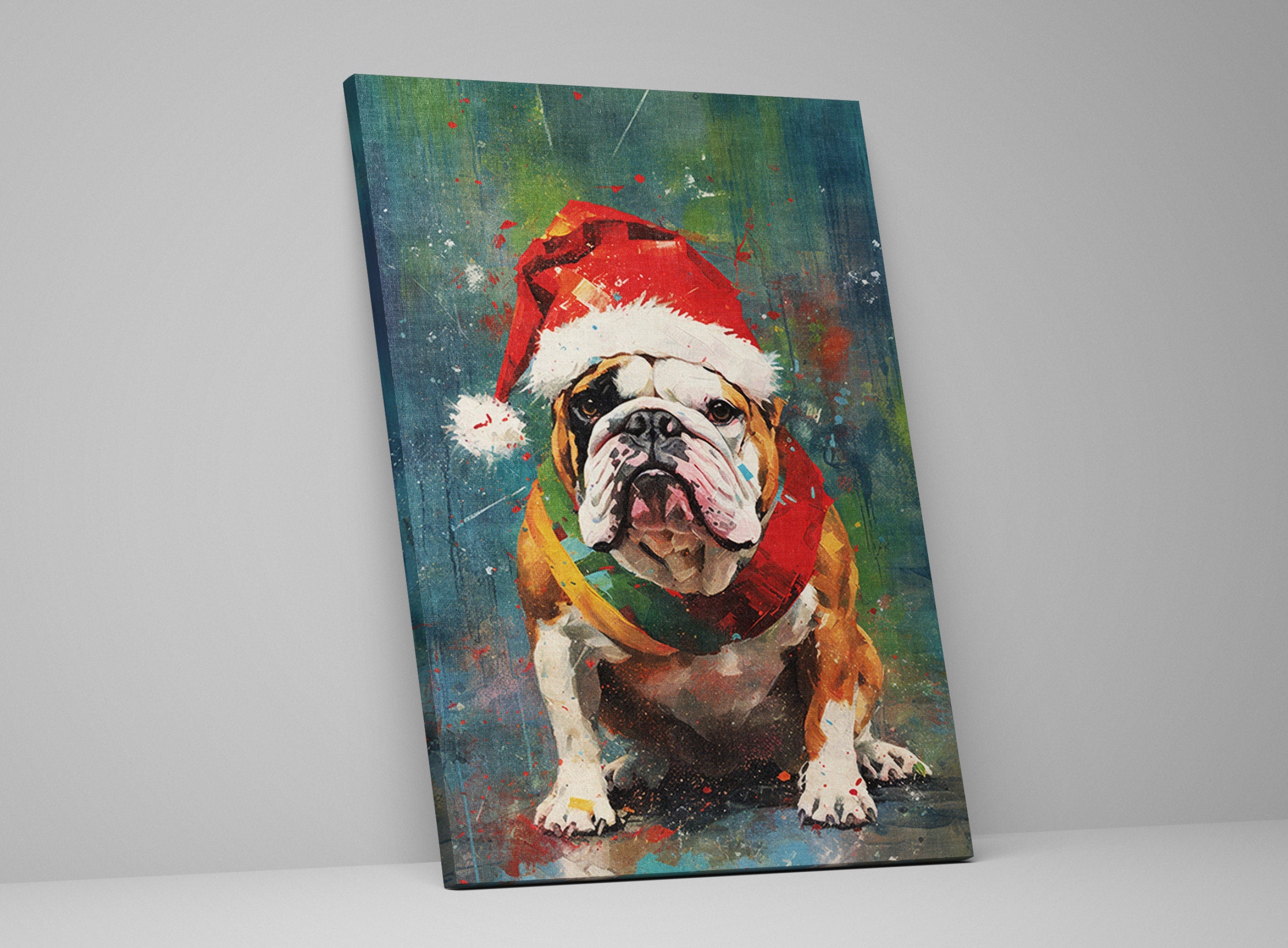 English Bulldog Christmas Art – Festive Dog Painting on Gallery Wrapped Canvas, Large Holiday Canvas
