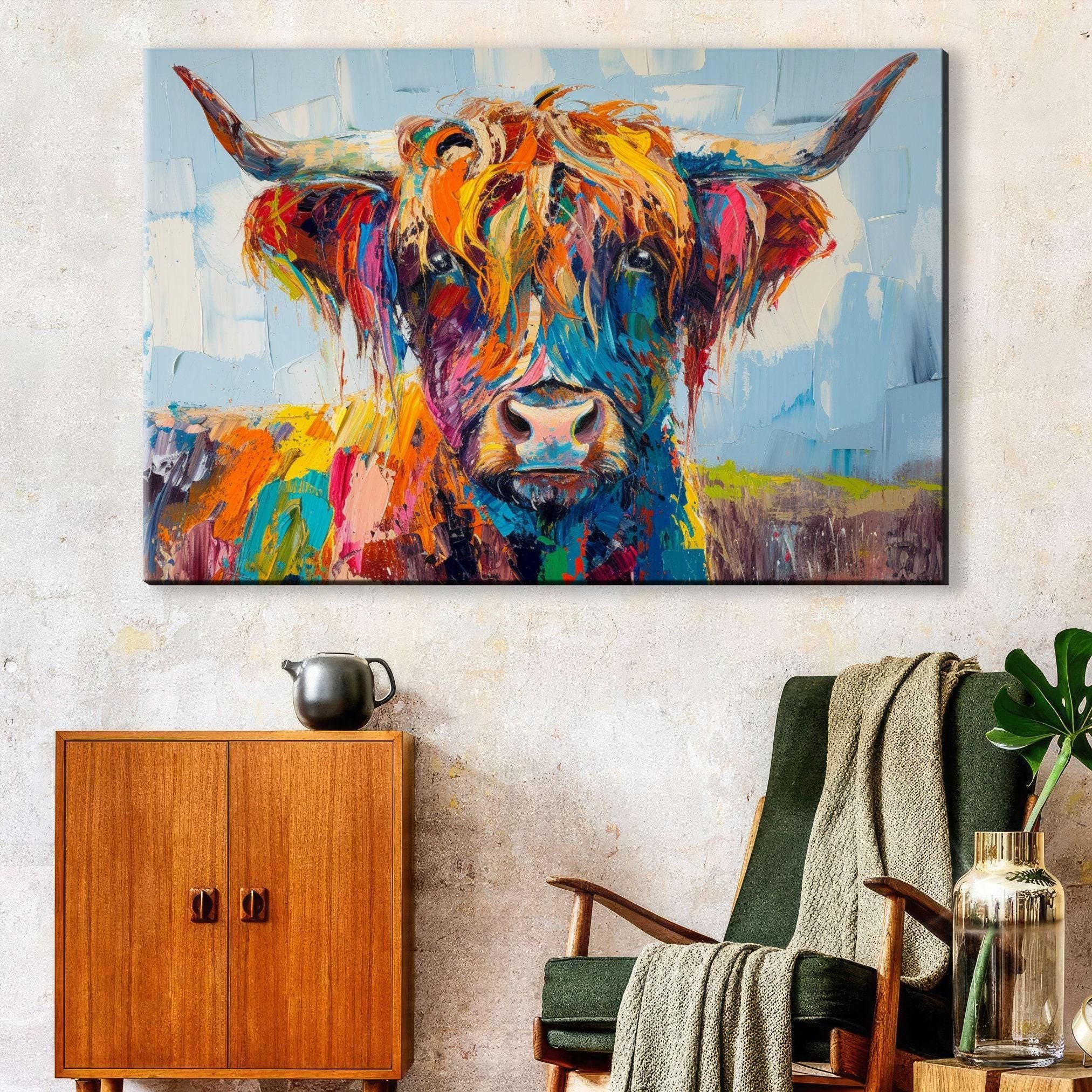 Highland Cow Canvas - Rustic Farmhouse Wall Art | Extra Large Gallery Wrapped Print