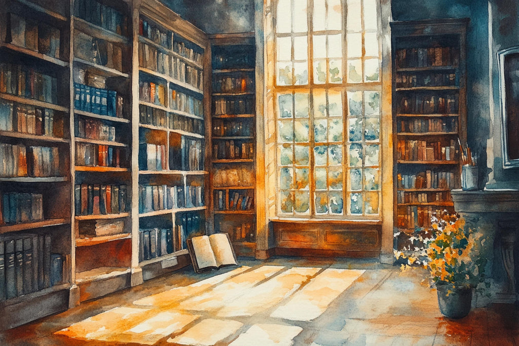 A serene and inviting library scene, with tall bookshelves filled with books, a large window allowing natural light to flood the space, and a potted plant adding a touch of greenery.