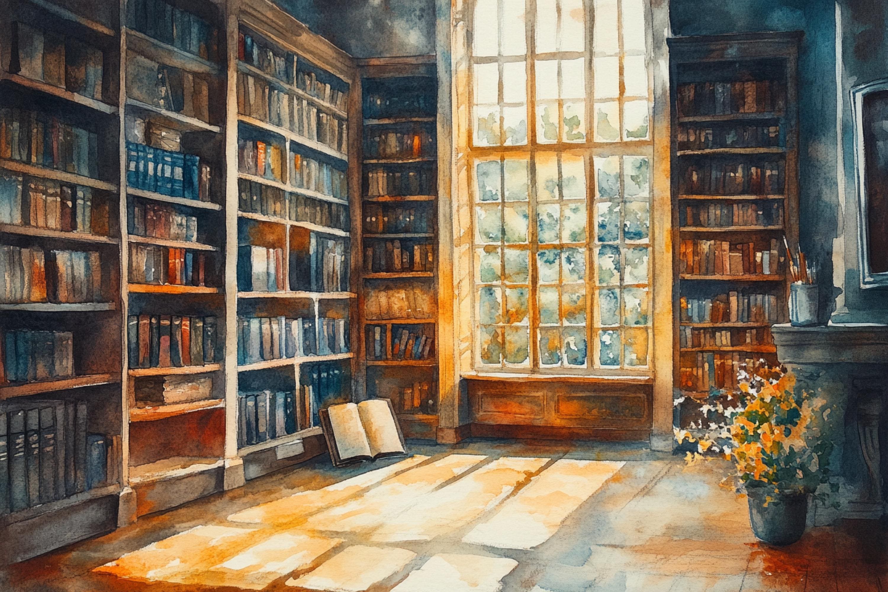 A serene and inviting library scene, with tall bookshelves filled with books, a large window allowing natural light to flood the space, and a potted plant adding a touch of greenery.