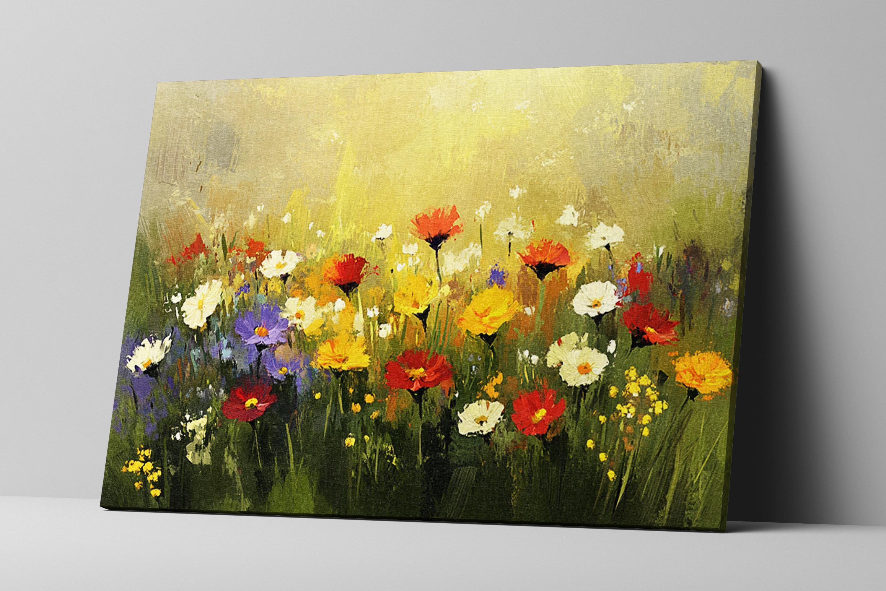 a painting of a field of flowers on a wall