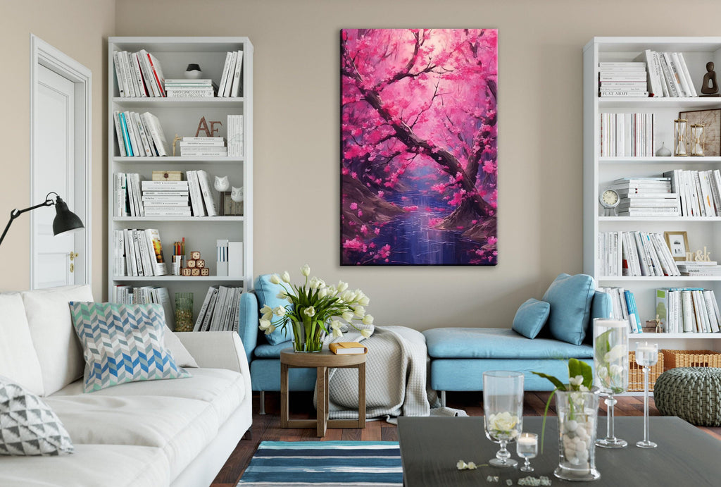 Cherry Blossom Canvas – Large Floral Wall Art | Sakura Pink Purple Flowers Print