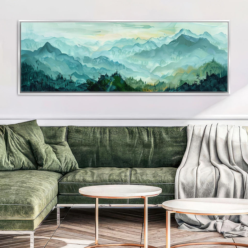 Panoramic Mountain Canvas - Large Wall Art | Framed Canvas Art, Green Blue Mountains