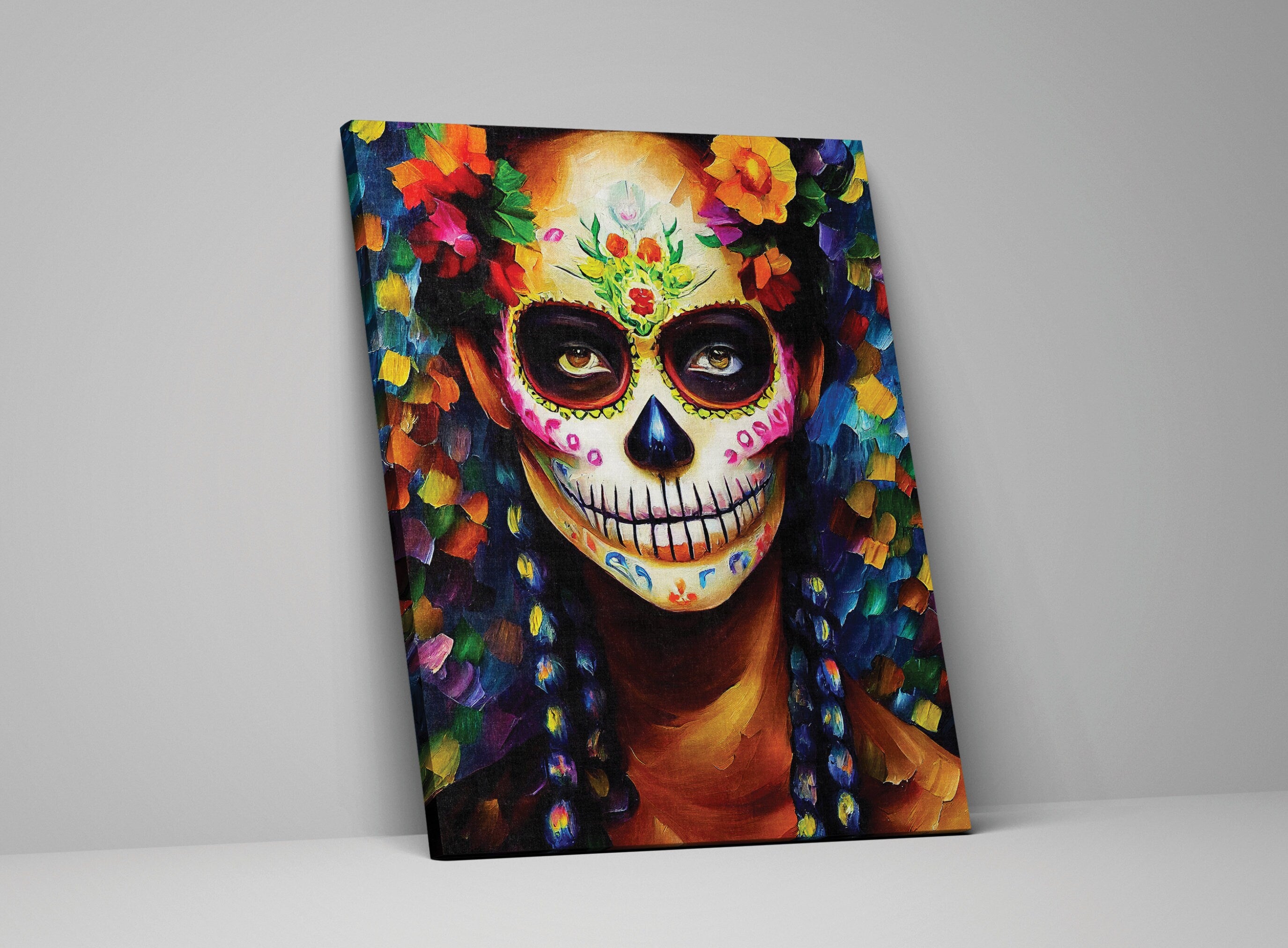 Sugar Skull Wall Art - Dia De Los Muertos Art Canvas Featuring Colorful Skull Print