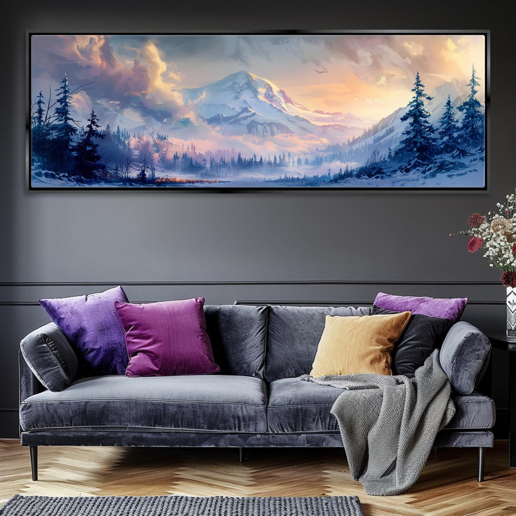 a living room with a couch and a painting on the wall