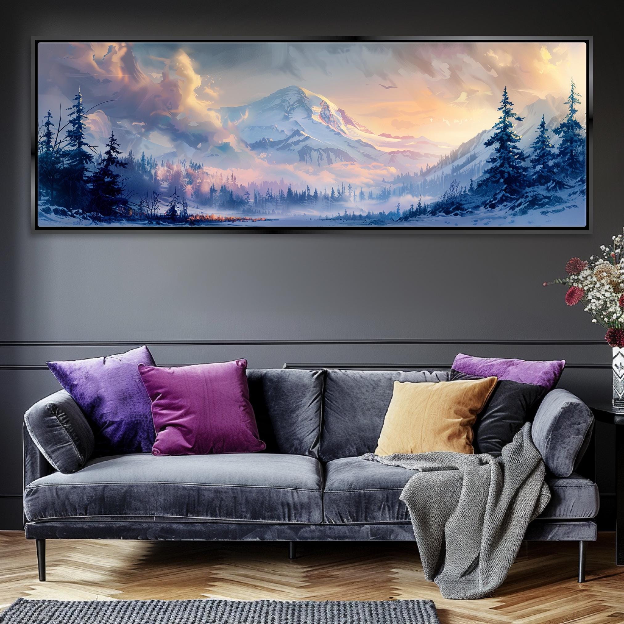 a living room with a couch and a painting on the wall
