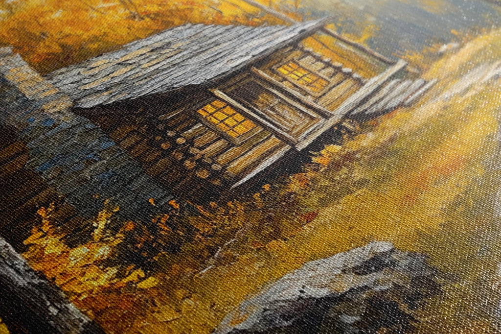 a rustic cabin nestled in a picturesque autumn landscape, with vibrant orange and yellow foliage surrounding the wooden structure.