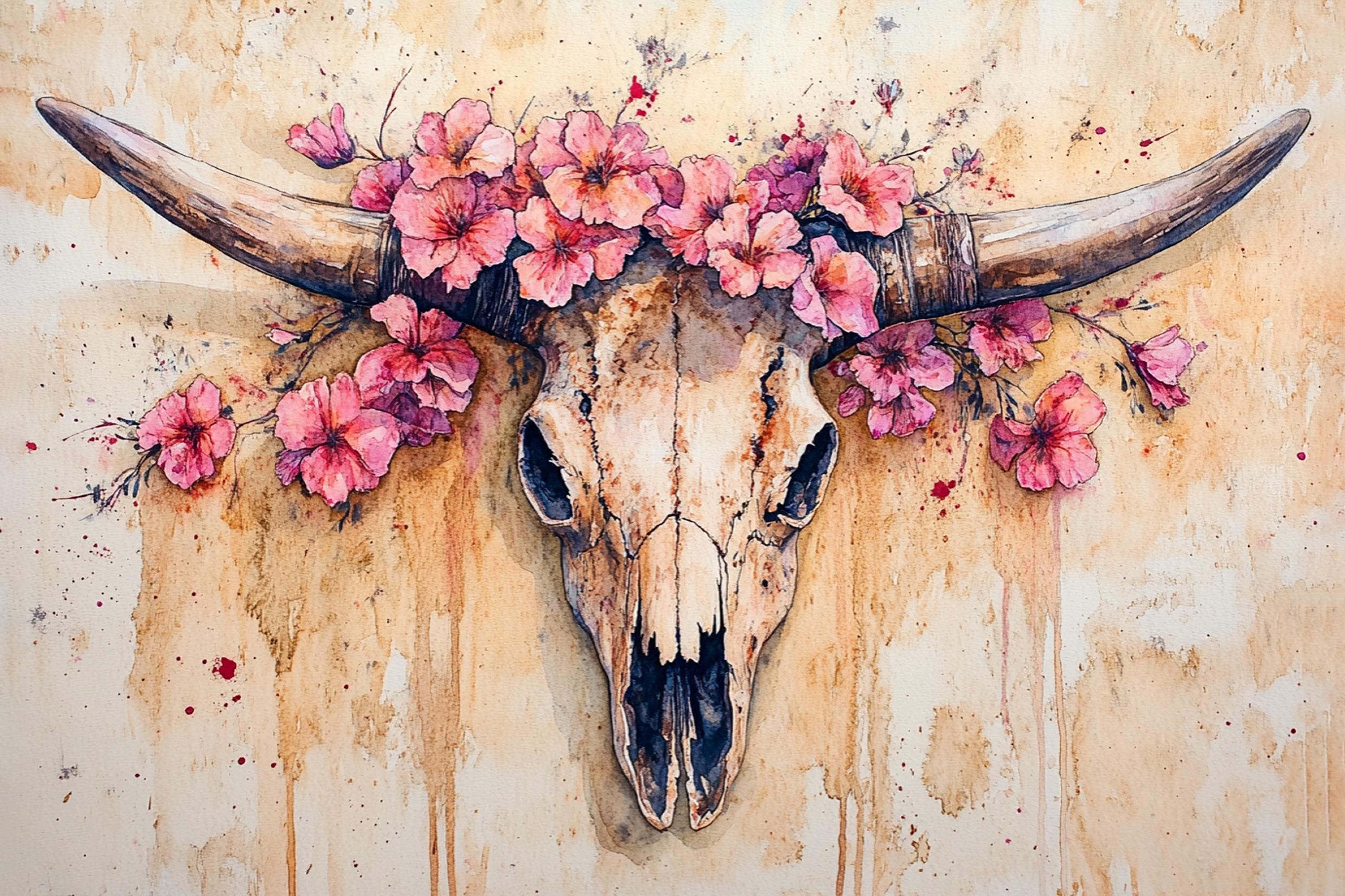 a skull adorned with pink flowers and leaves, set against a beige background with splashes of color.