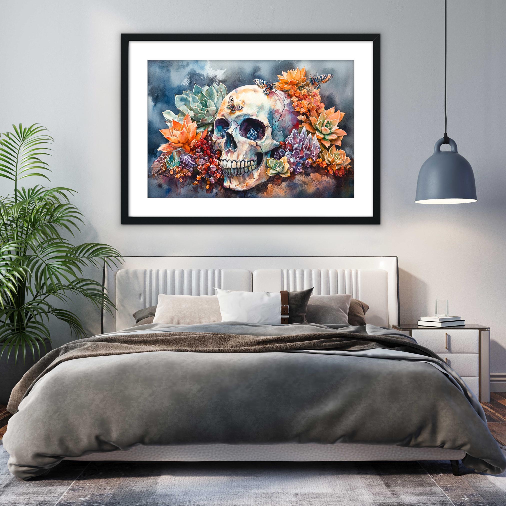 a bedroom with a large bed, a framed painting of a skull surrounded by colorful flowers hanging above it, and a potted plant to the left.