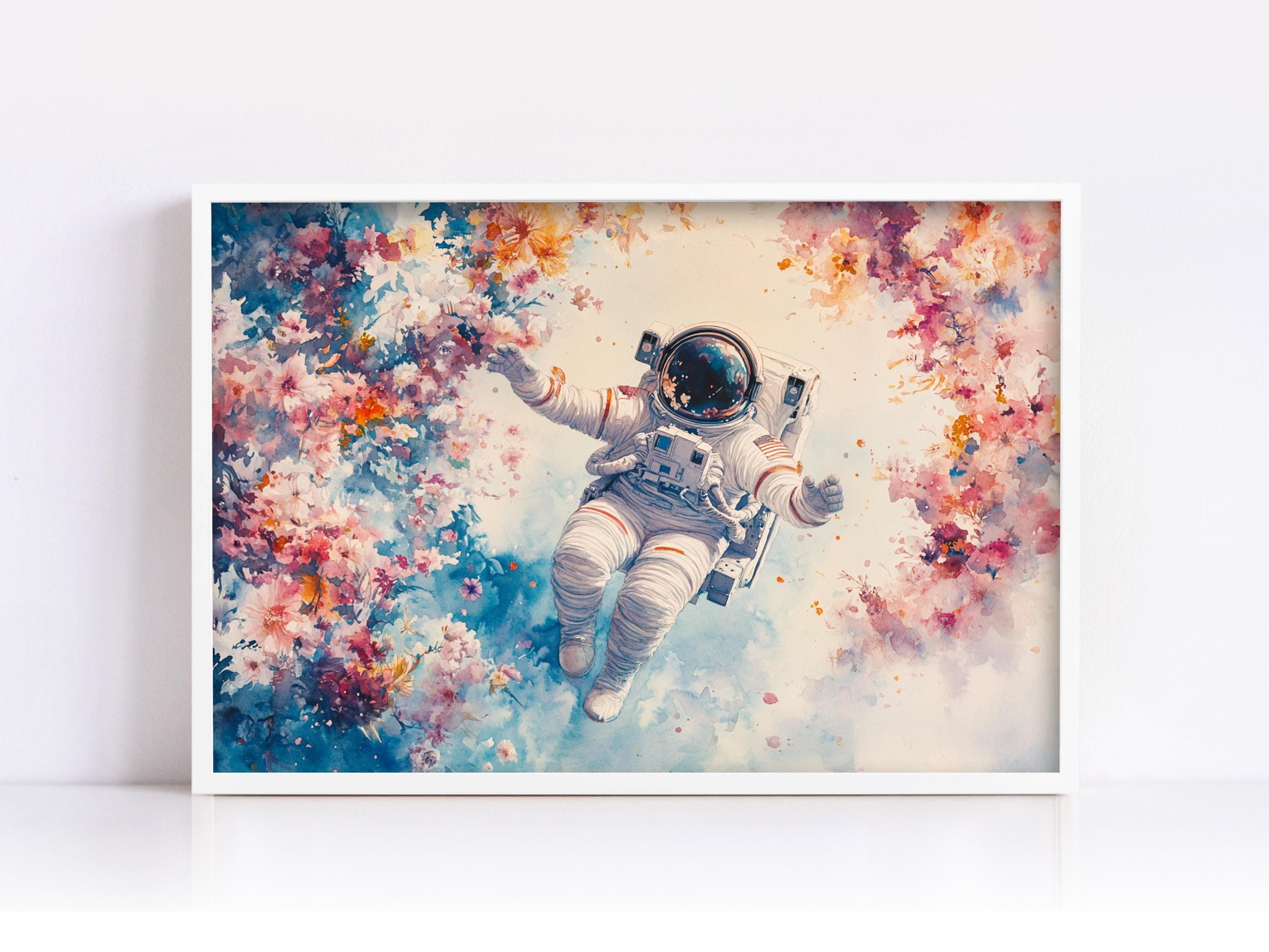 An astronaut floating in a colorful, floral-filled space, surrounded by vibrant hues of pink, orange, and blue.
