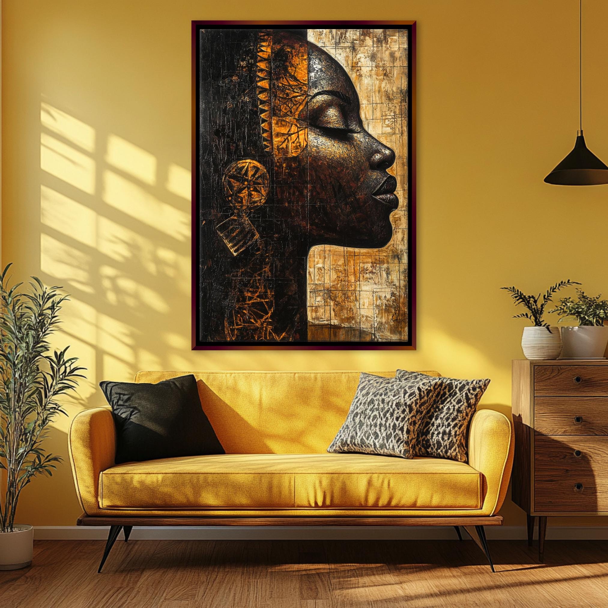a living room with a couch and a painting on the wall