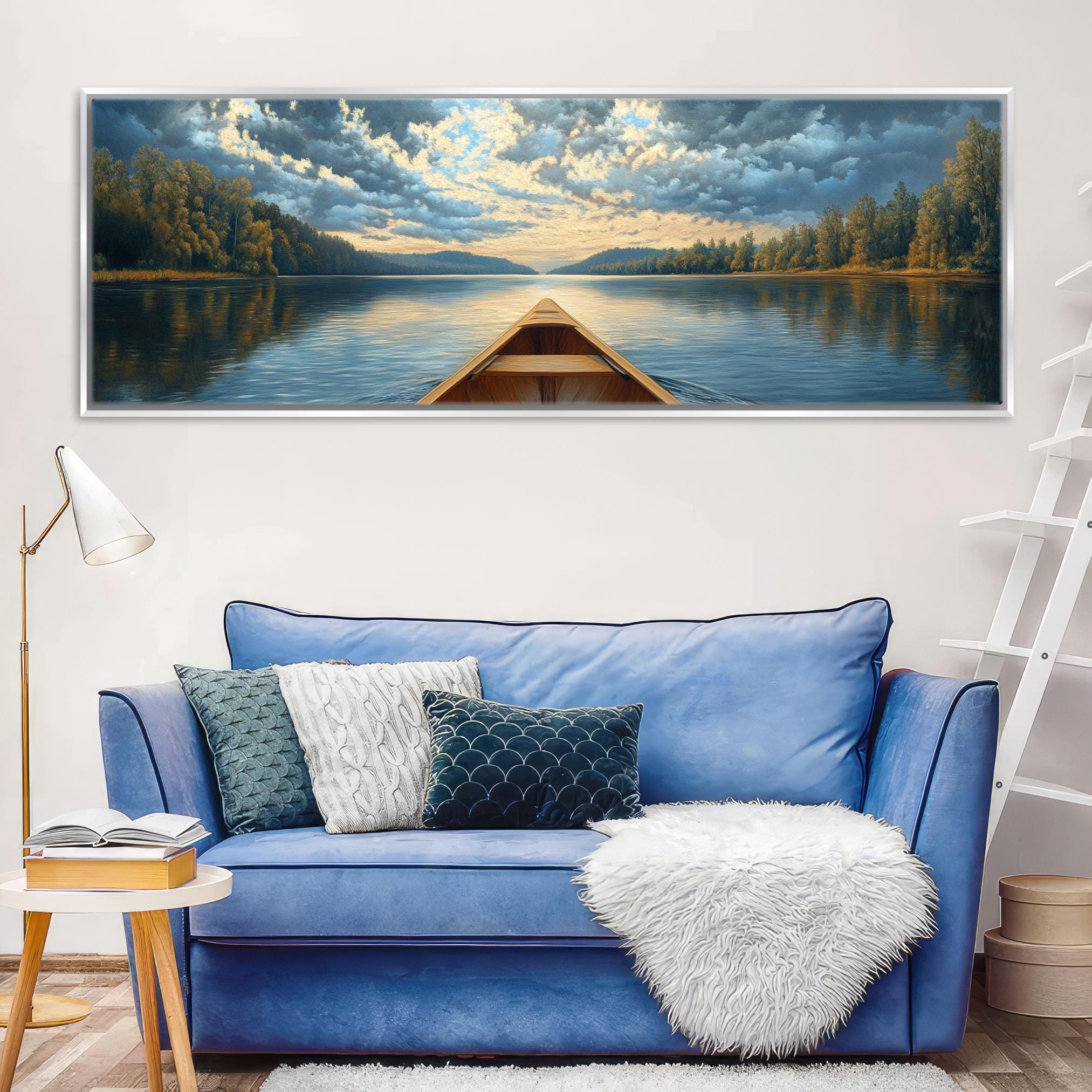 a painting of a boat floating on a lake