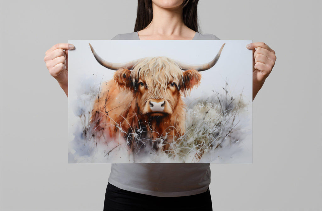 Watercolor Highland Cow Wall Art Print, Giclee Print on Canvas, Artist Paper, Watercolor Paper, Available in Extra Large Sizes