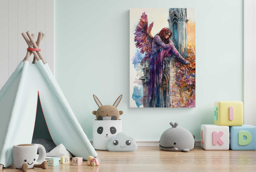 a child's bedroom with a teepee tent, stuffed animals, and alphabet blocks. There is a painting of a winged fairy on the wall, and a stuffed rabbit is sitting in a white container.