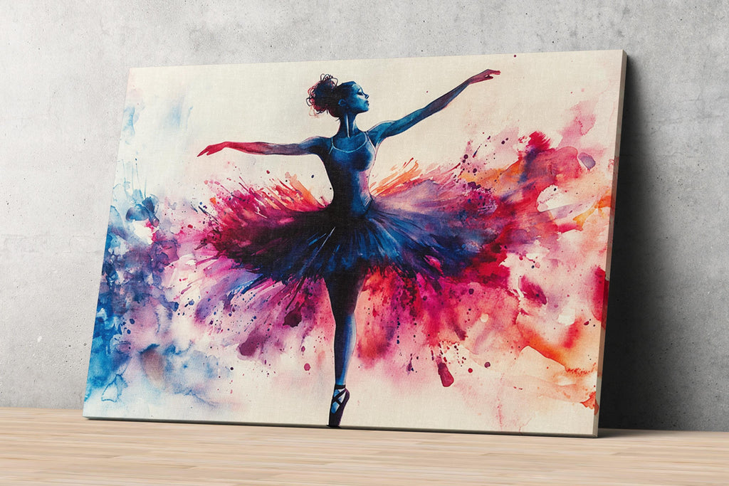 A painting of a ballerina in a tutu, with her arms outstretched and her hair in a bun, surrounded by a vibrant splash of colors.