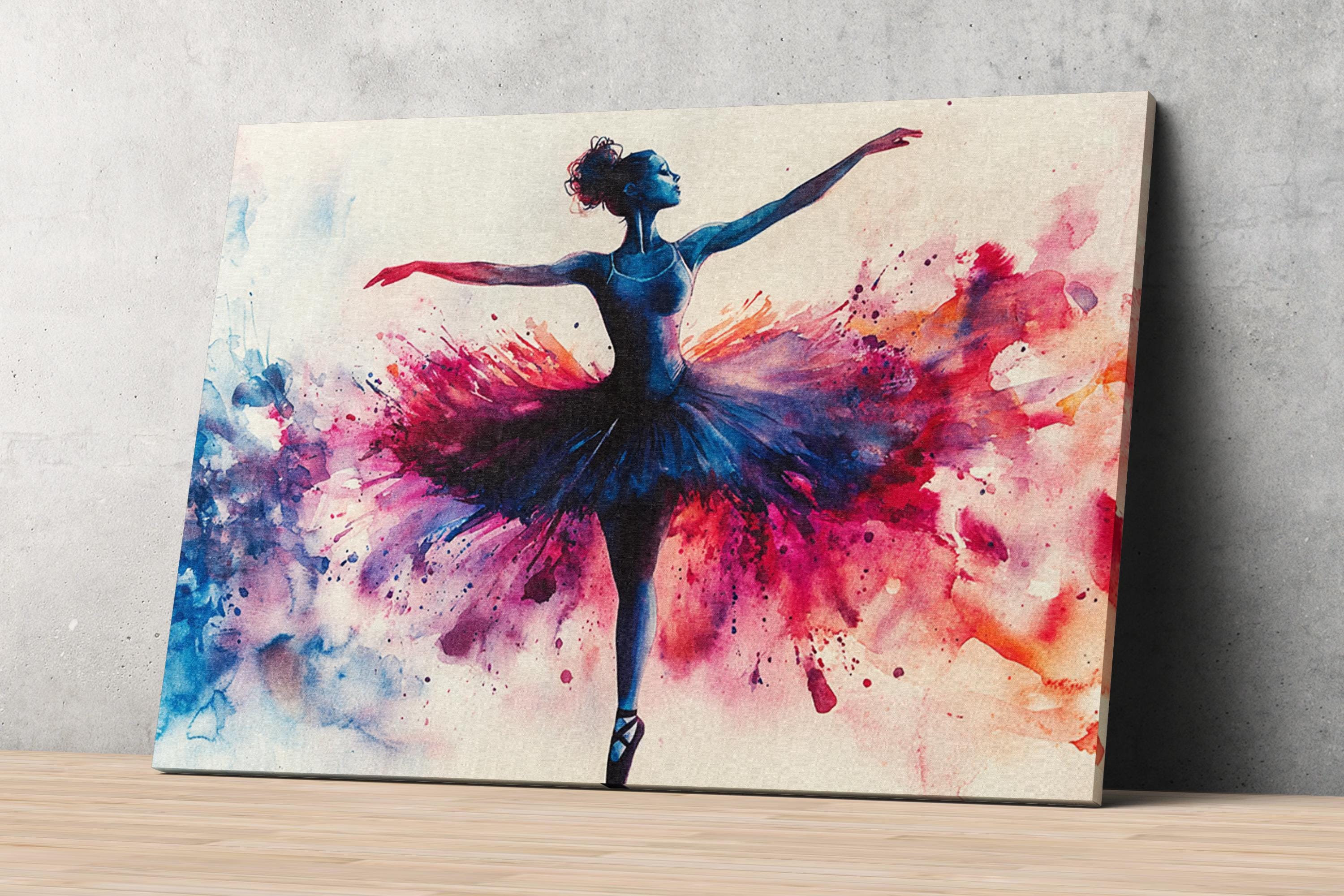 A painting of a ballerina in a tutu, with her arms outstretched and her hair in a bun, surrounded by a vibrant splash of colors.