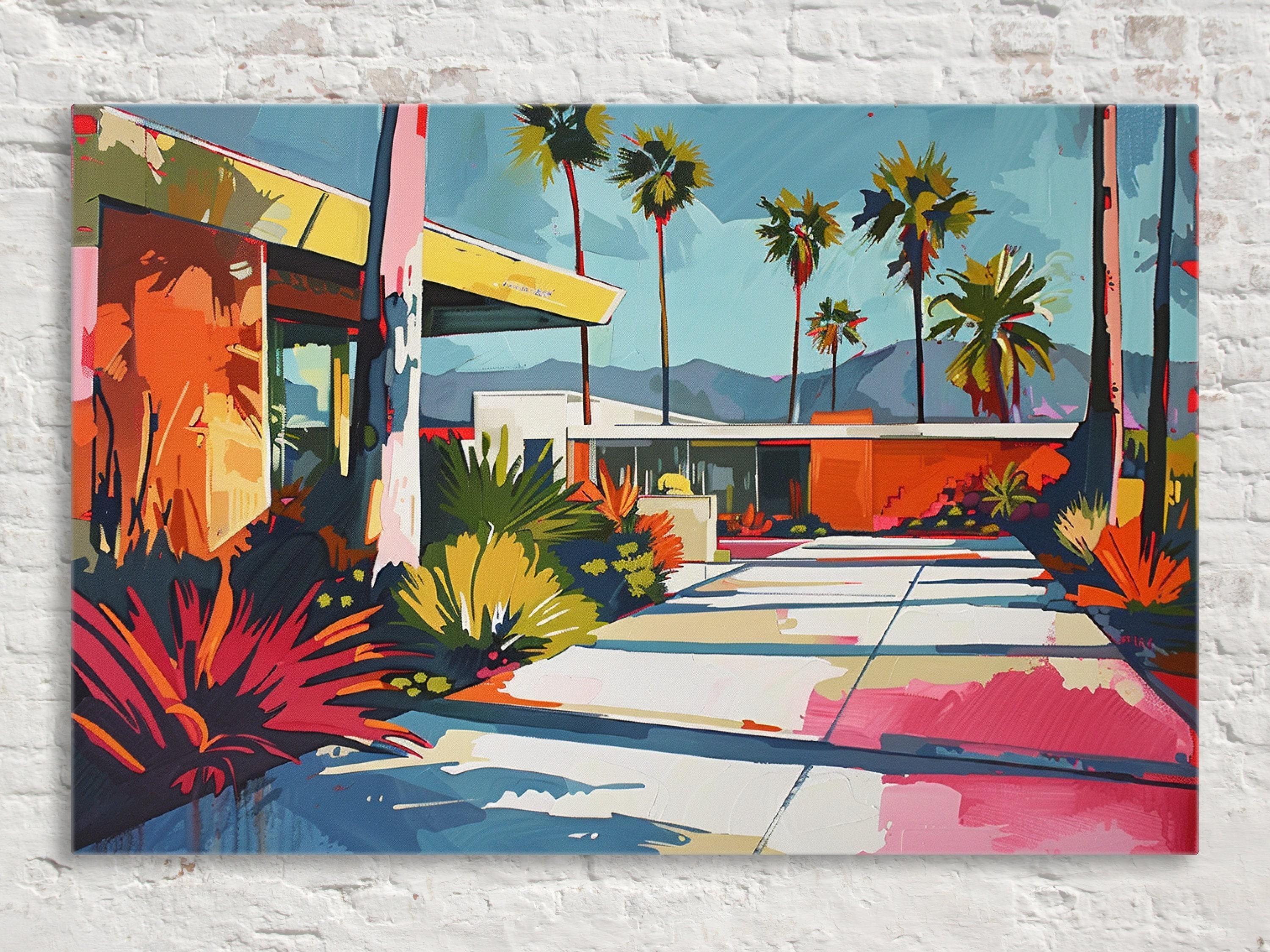 Palm Springs Wall Art – Vintage Mid-Century Modern Large Canvas Painting, Ready to Hang