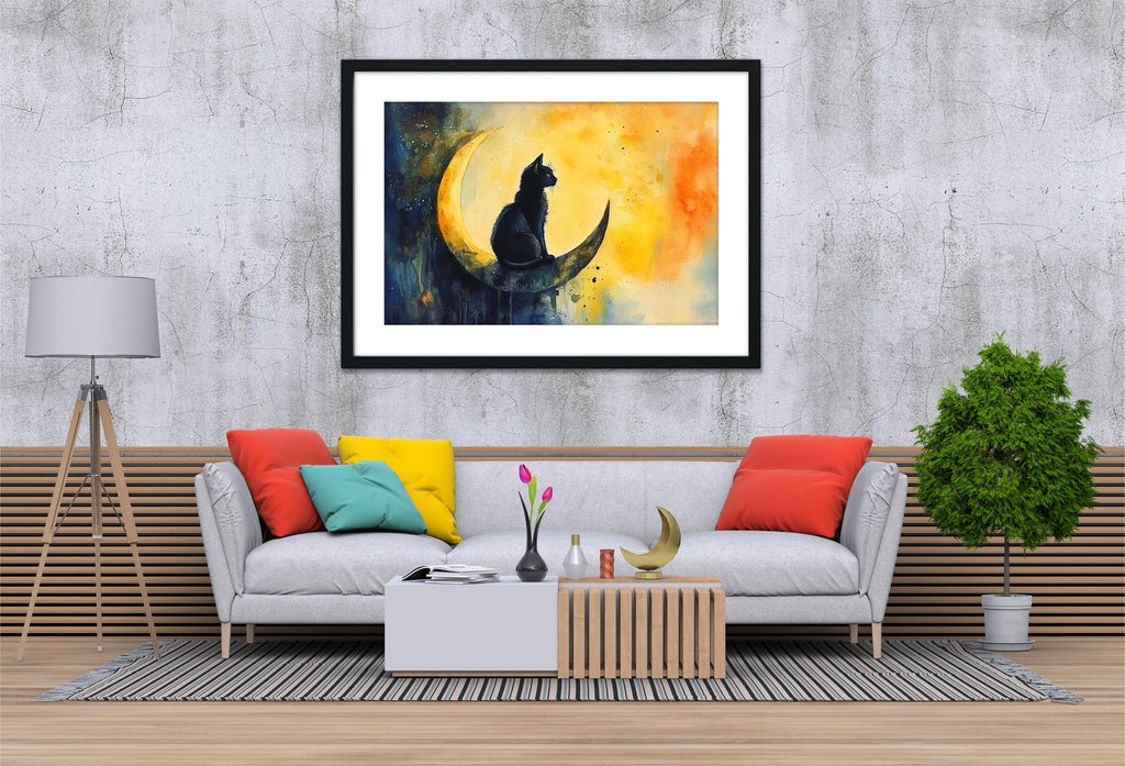 a cozy living room with a gray sofa adorned with colorful pillows, a wooden coffee table, and a framed painting of a cat sitting on a crescent moon hanging on the wall above the sofa.