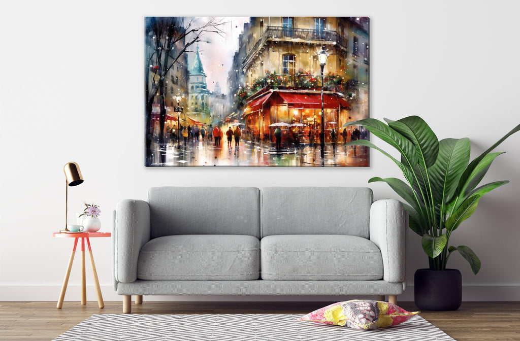 Christmas Watercolor Cityscape - Paris Holiday Wall Art, Print on Canvas, Artist Paper, Watercolor Paper, Available in Extra Large Sizes