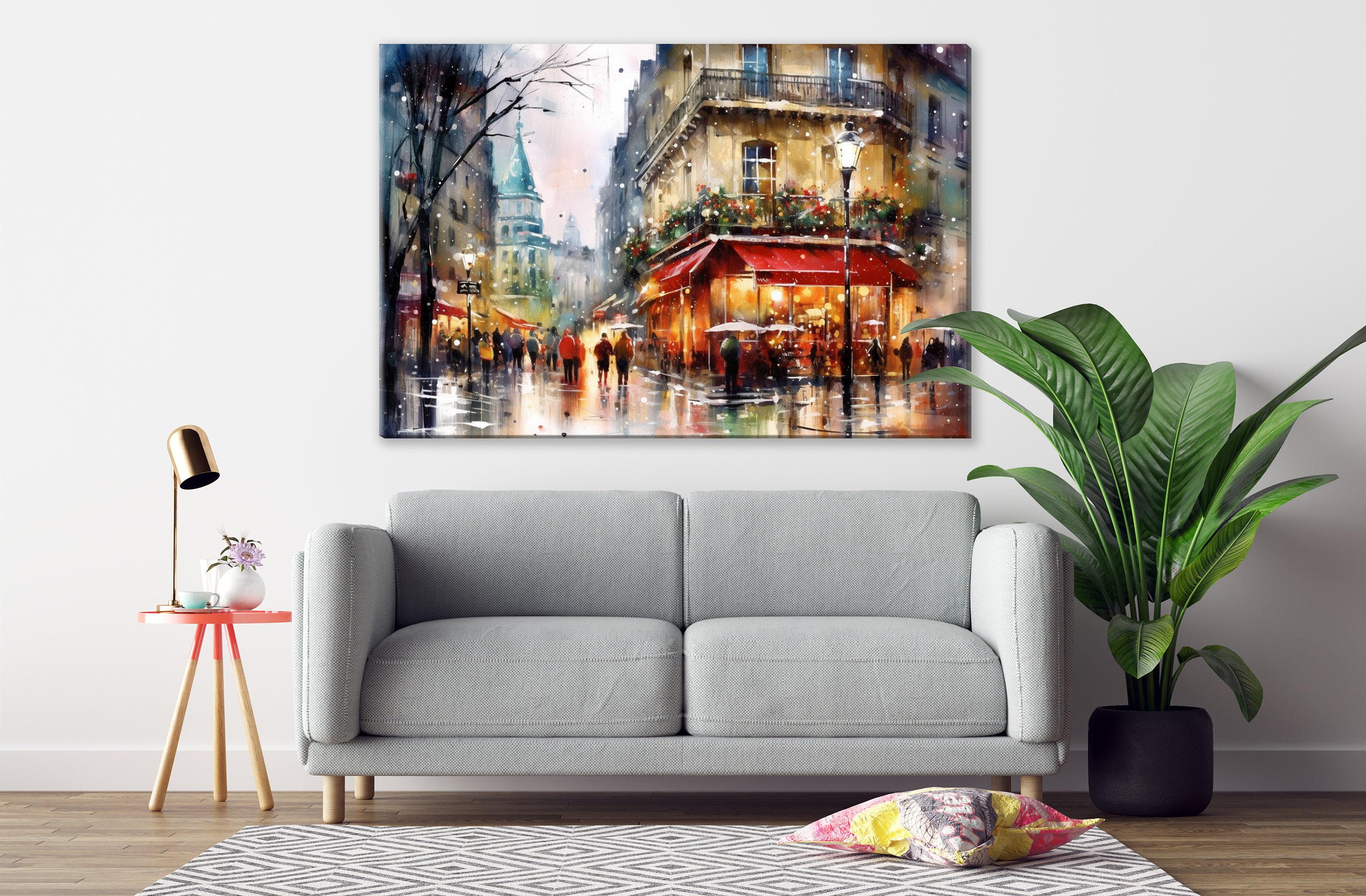 Christmas Watercolor Cityscape - Paris Holiday Wall Art, Print on Canvas, Artist Paper, Watercolor Paper, Available in Extra Large Sizes