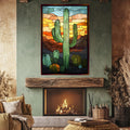 a living room with a fire place and a painting on the wall