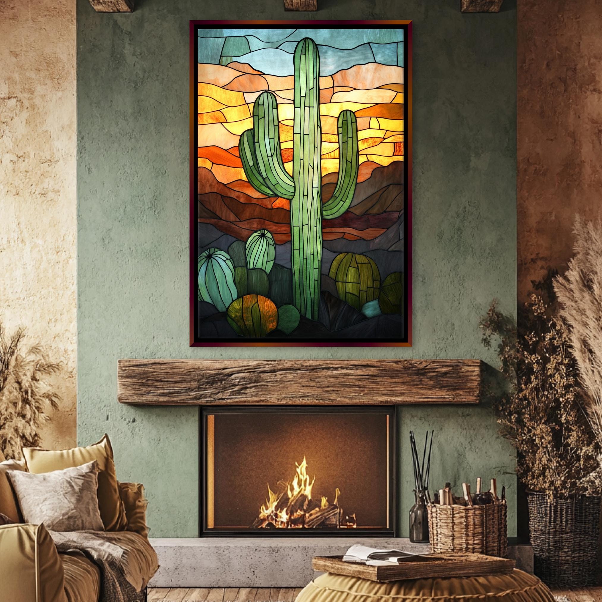 a living room with a fire place and a painting on the wall
