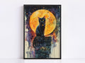 A black cat sitting on a brick wall, with a large orange and yellow moon in the background.